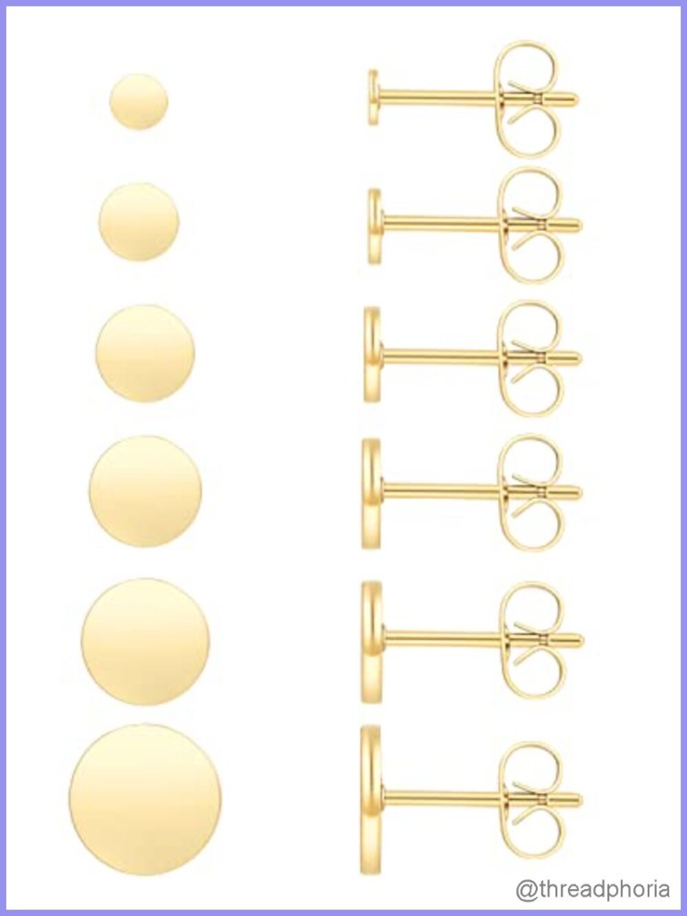 6 Pairs Surgical Steel Gold Plated Tiny Flat Disc Stud Earrings Unisex